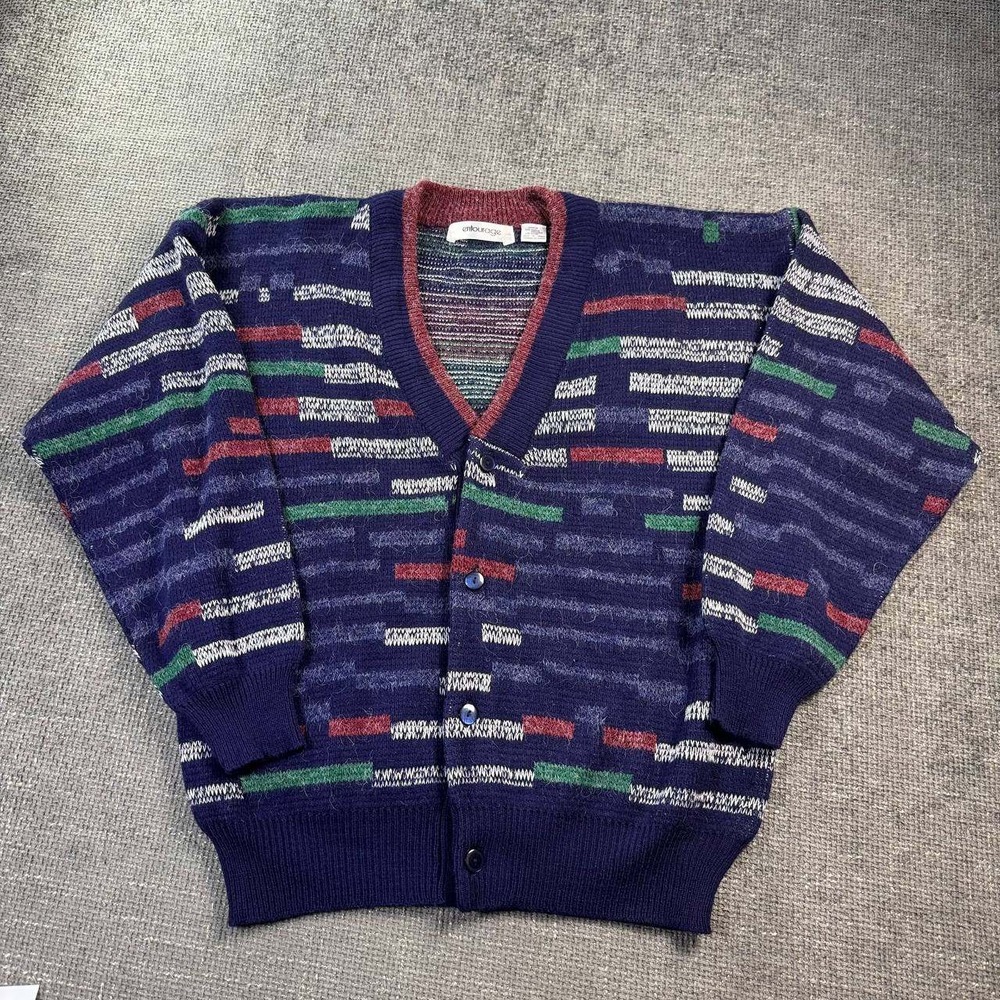 Entourage Vintage Knit Cardigan Mens XL Navy Blue Abstract Geometric 90s Sweater